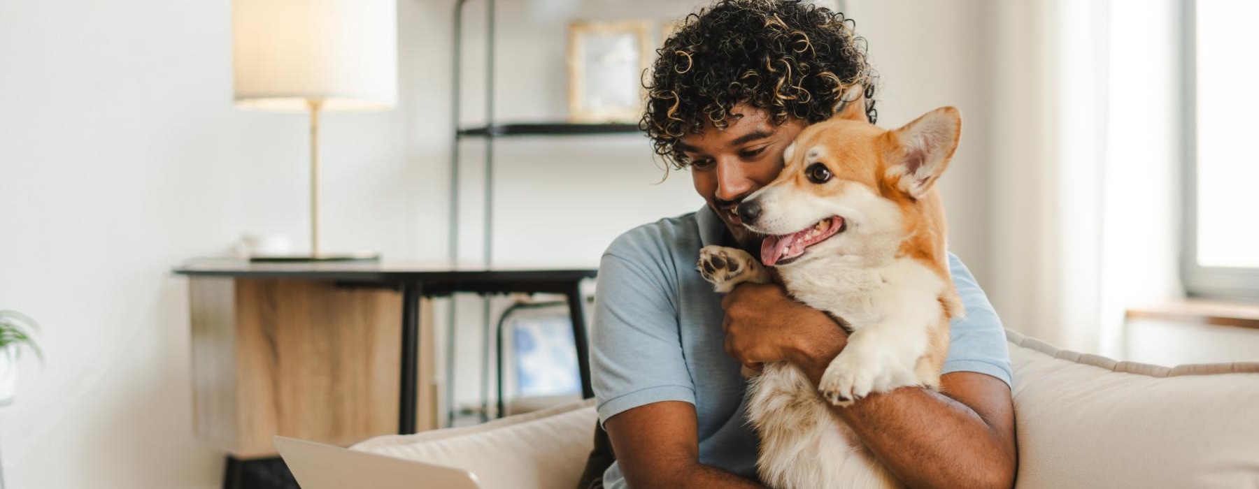 a person and a dog on a couch with a laptop