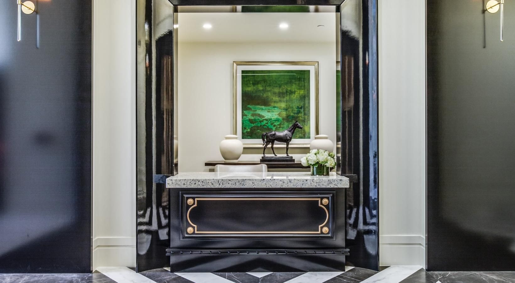 The essence of exceptional living a room with black and white tiled floor and a chandelier