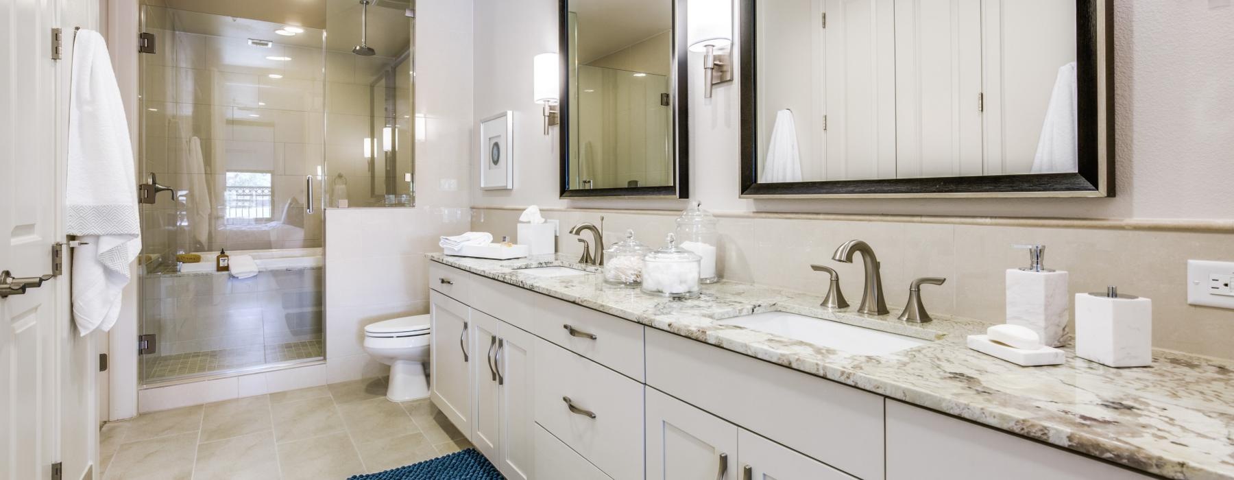 a bathroom with a large mirror